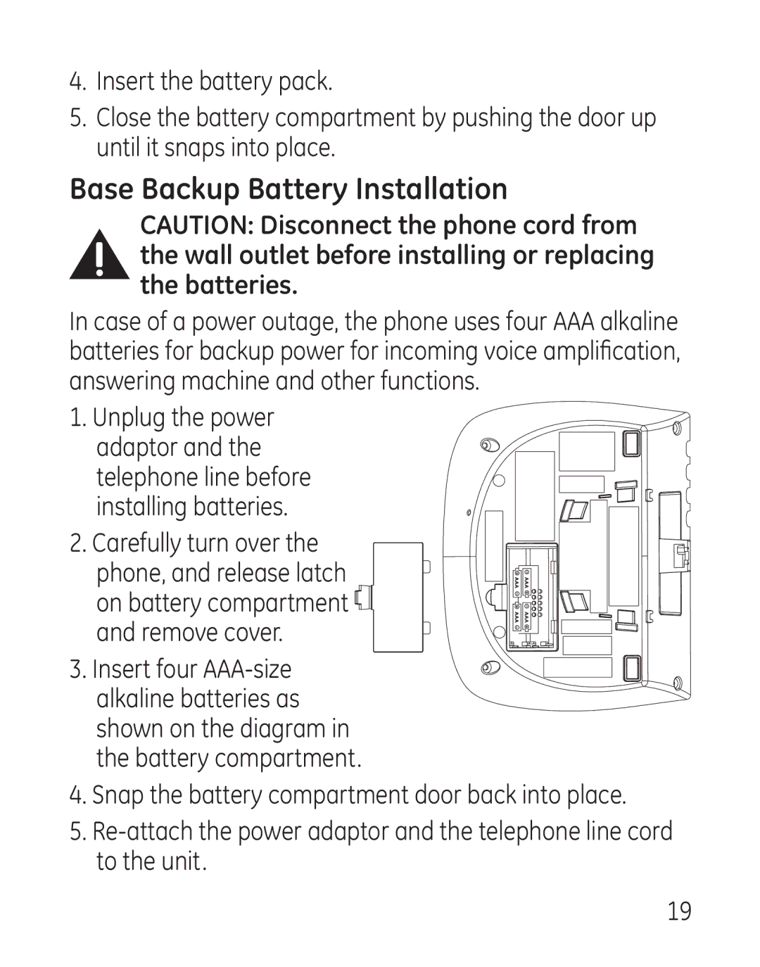 GE 29115 Series manual Base Backup Battery Installation, Installing batteries 