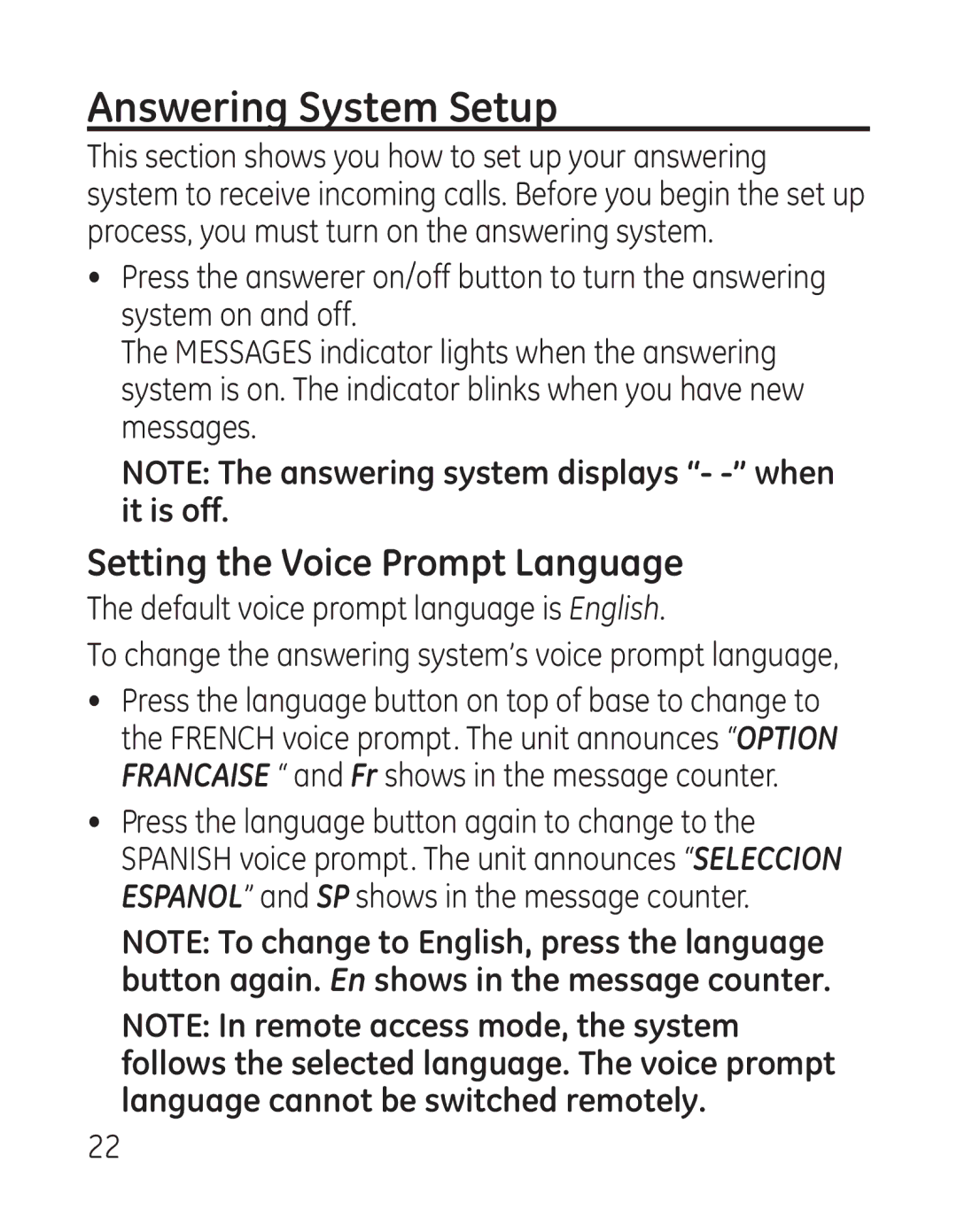 GE 29115 Series manual Answering System Setup, Setting the Voice Prompt Language 