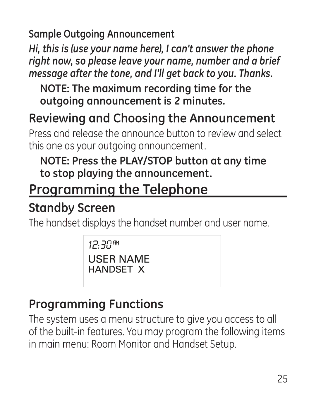 GE 29115 Series Programming the Telephone, Reviewing and Choosing the Announcement, Standby Screen, Programming Functions 