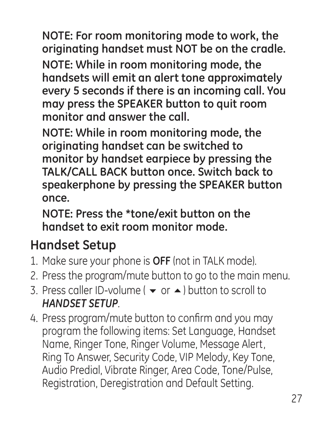 GE 29115 Series manual Handset Setup 