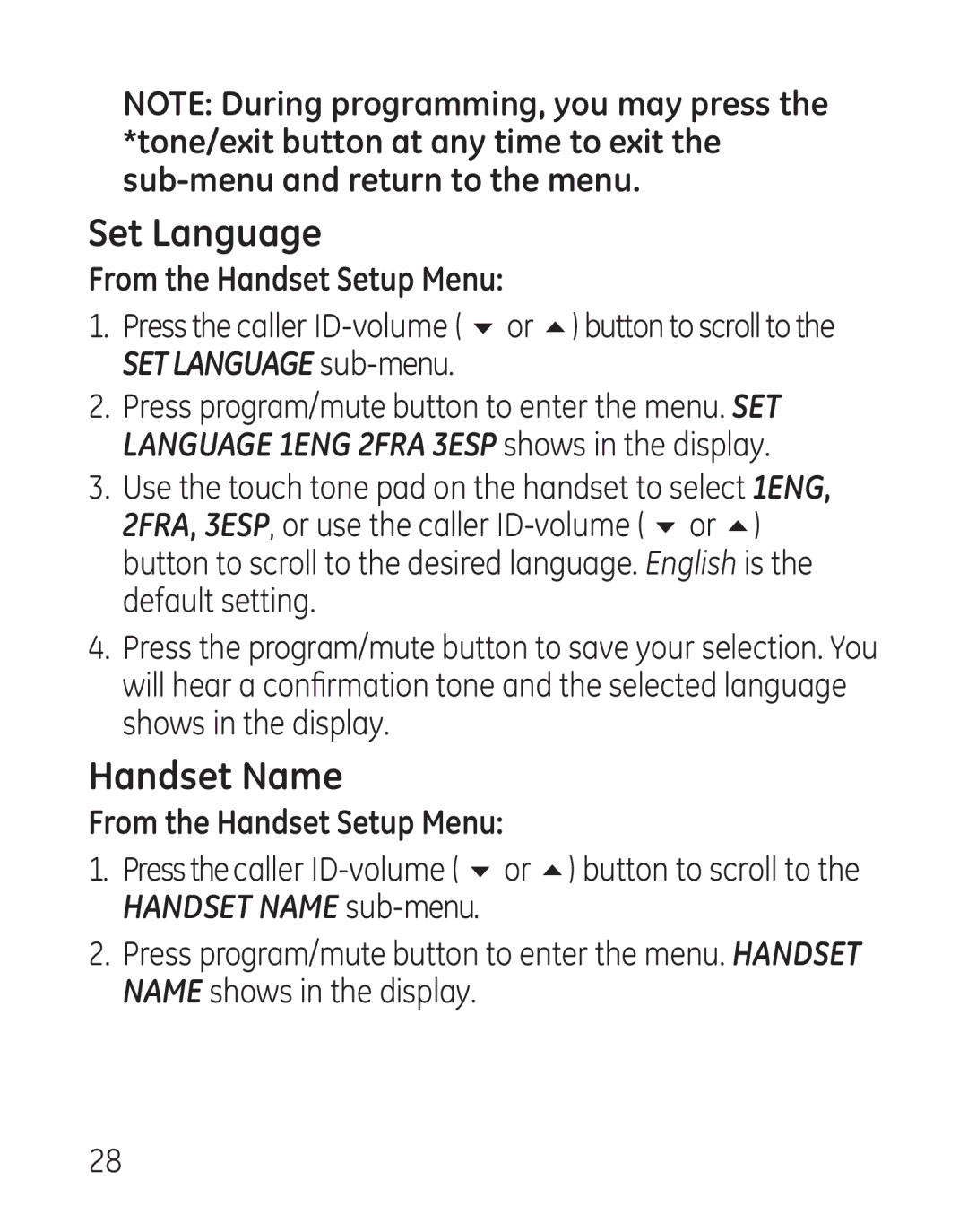 GE 29115 Series manual Set Language, Handset Name, From the Handset Setup Menu 