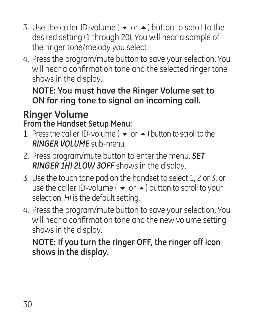 GE 29115 Series manual Ringer Volume 