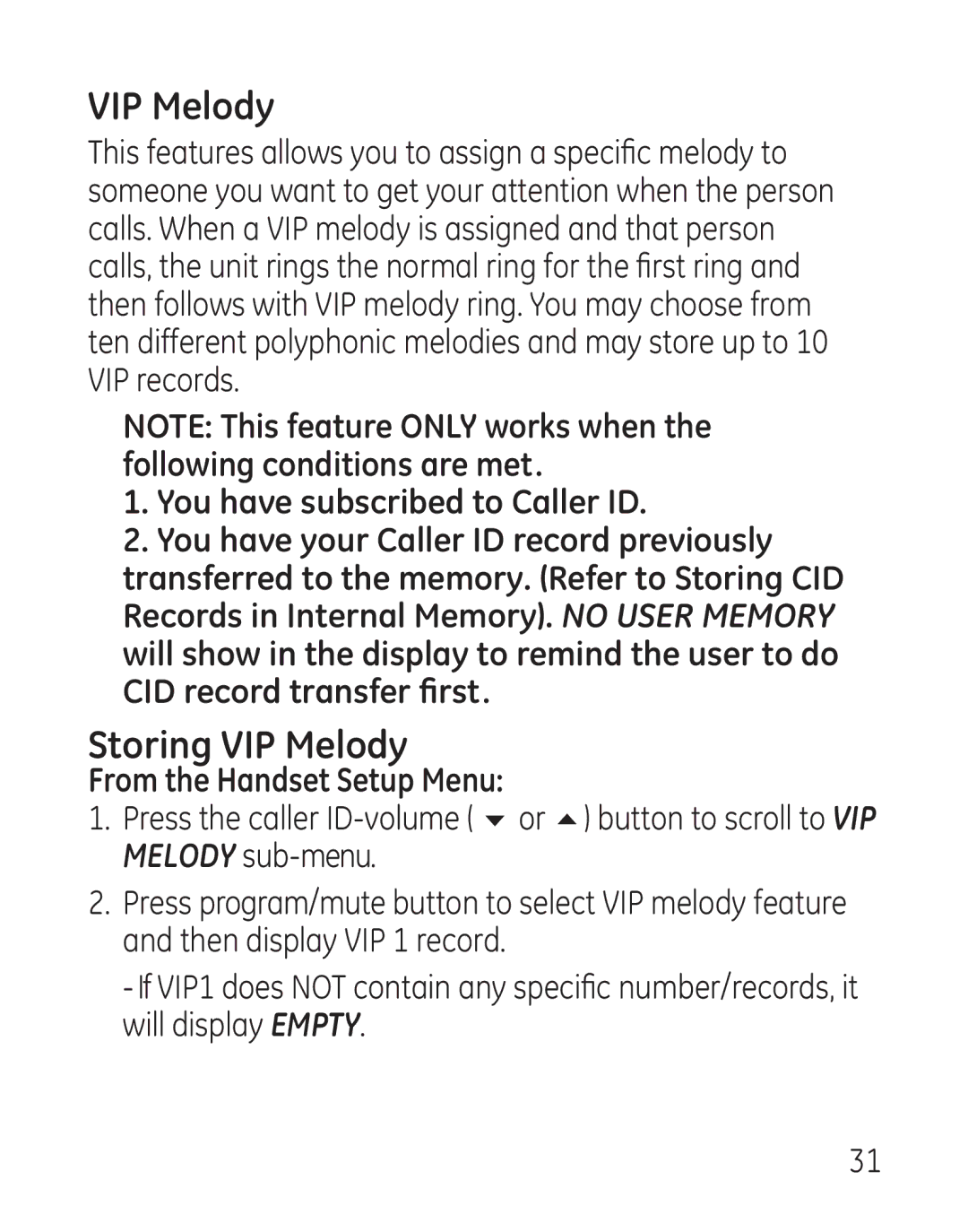 GE 29115 Series manual Storing VIP Melody, You have subscribed to Caller ID 