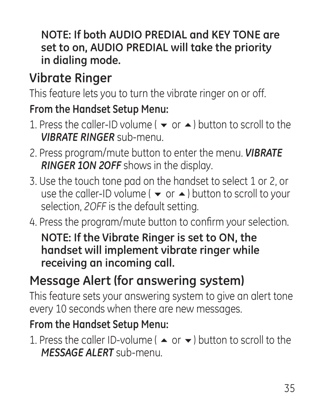 GE 29115 Series manual Vibrate Ringer, Message Alert for answering system 