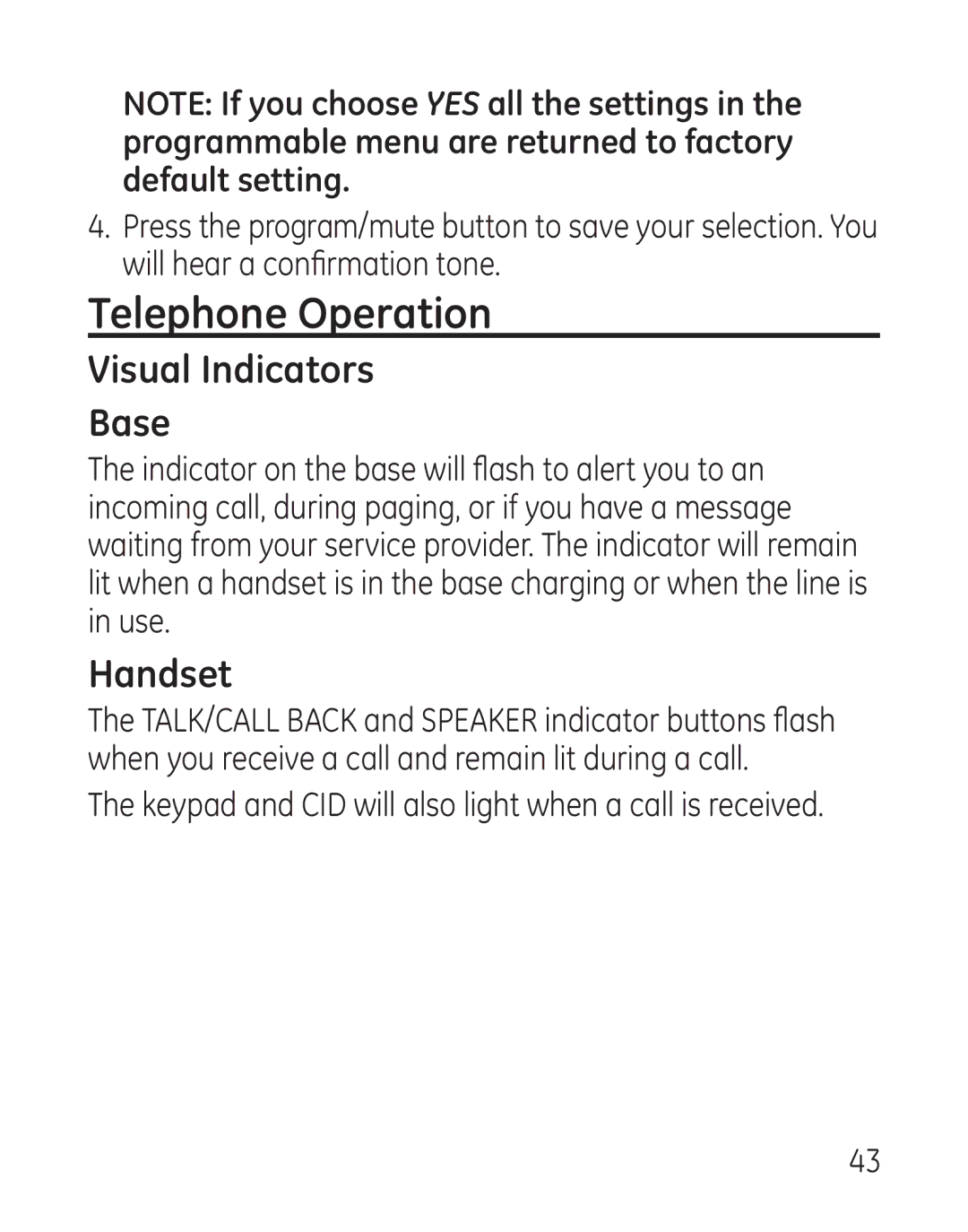 GE 29115 Series manual Telephone Operation, Visual Indicators Base, Handset 