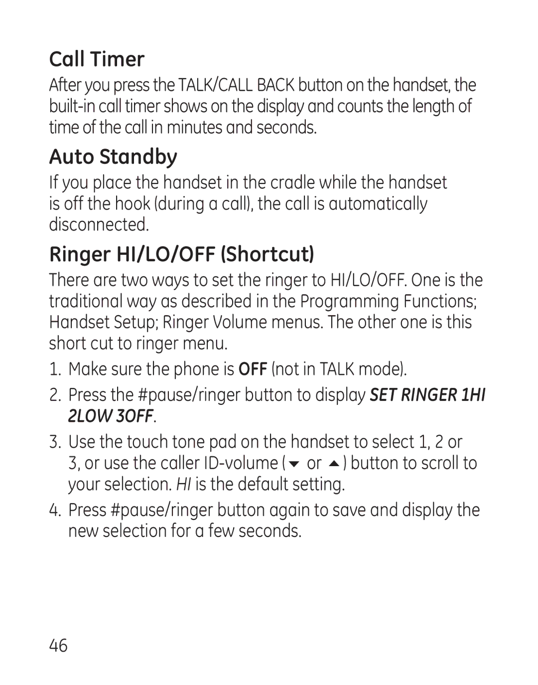 GE 29115 Series manual Call Timer, Auto Standby, Ringer HI/LO/OFF Shortcut 