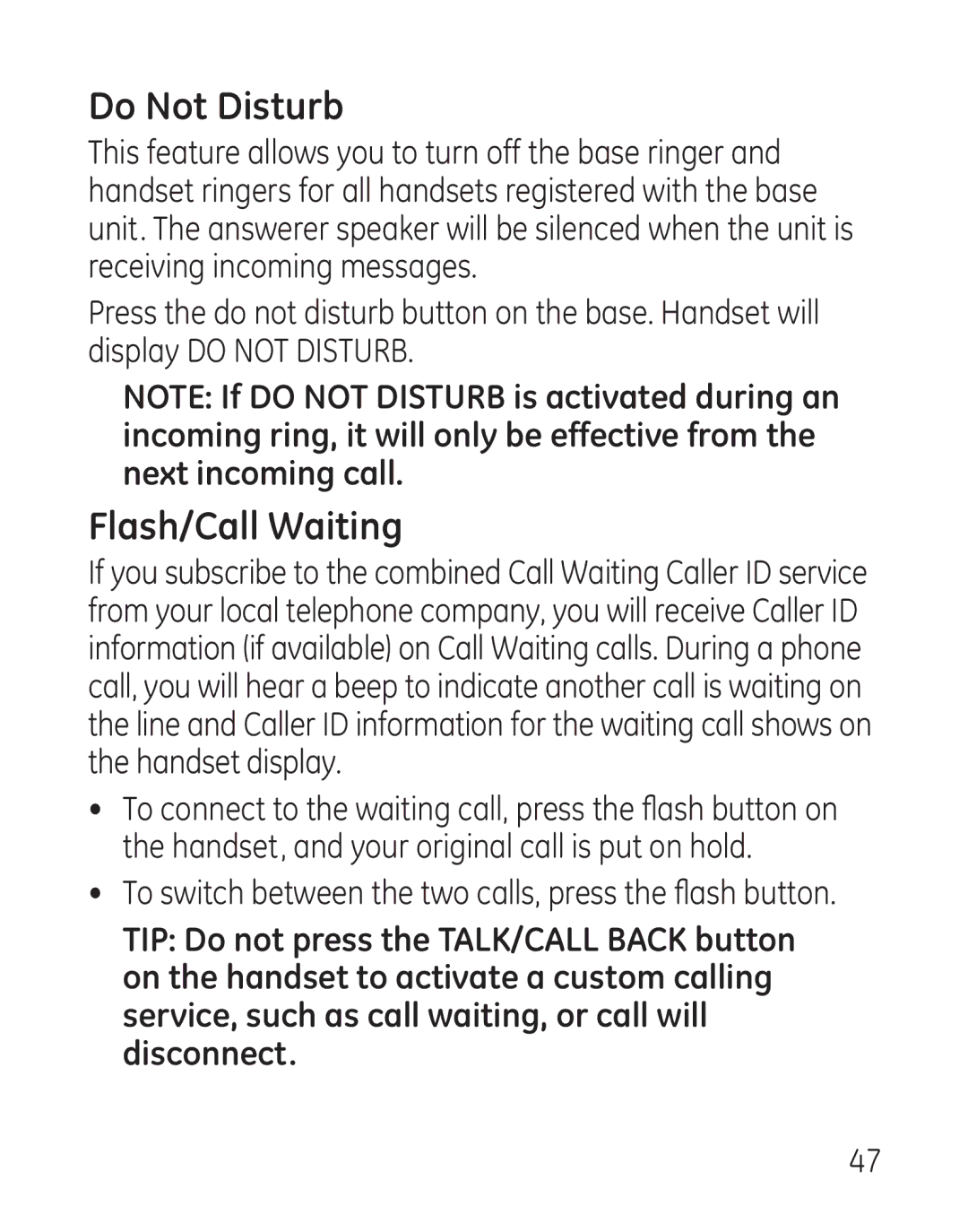 GE 29115 Series manual Do Not Disturb, Flash/Call Waiting 