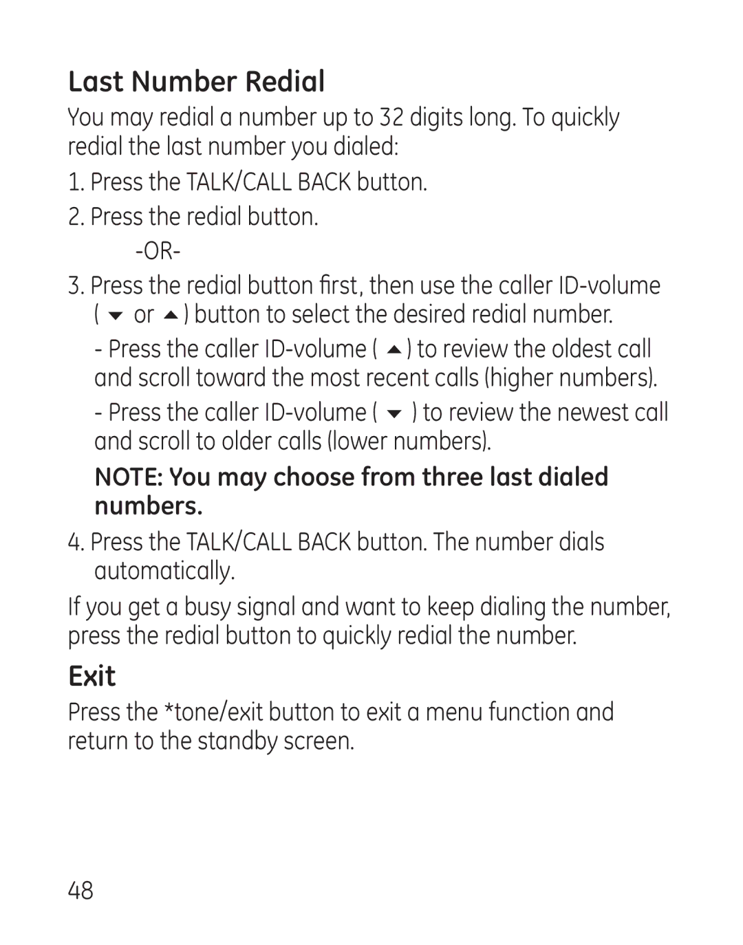 GE 29115 Series manual Last Number Redial, Exit 