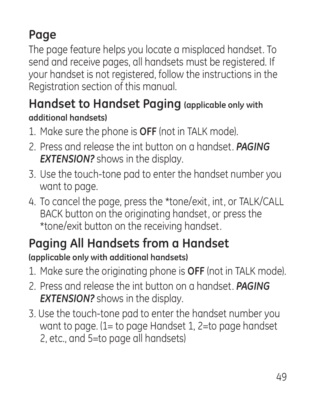 GE 29115 Series manual Handset to Handset Paging applicable only with, Paging All Handsets from a Handset 