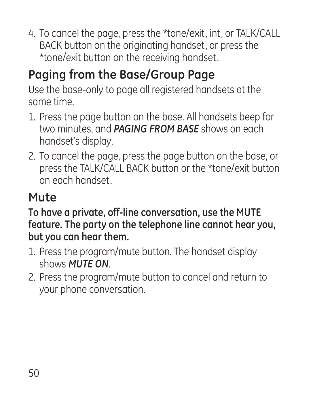 GE 29115 Series manual Paging from the Base/Group, Mute 