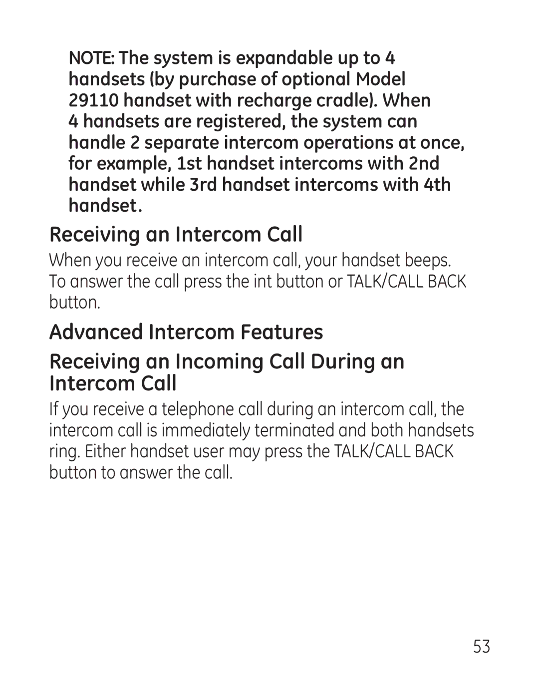 GE 29115 Series manual Receiving an Intercom Call 