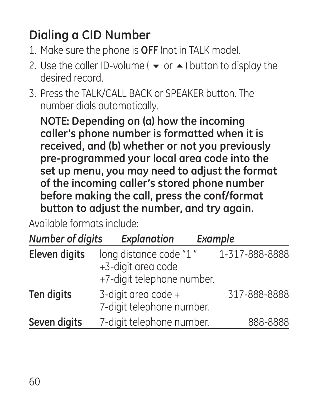 GE 29115 Series manual Dialing a CID Number, Ten digits, Seven digits 