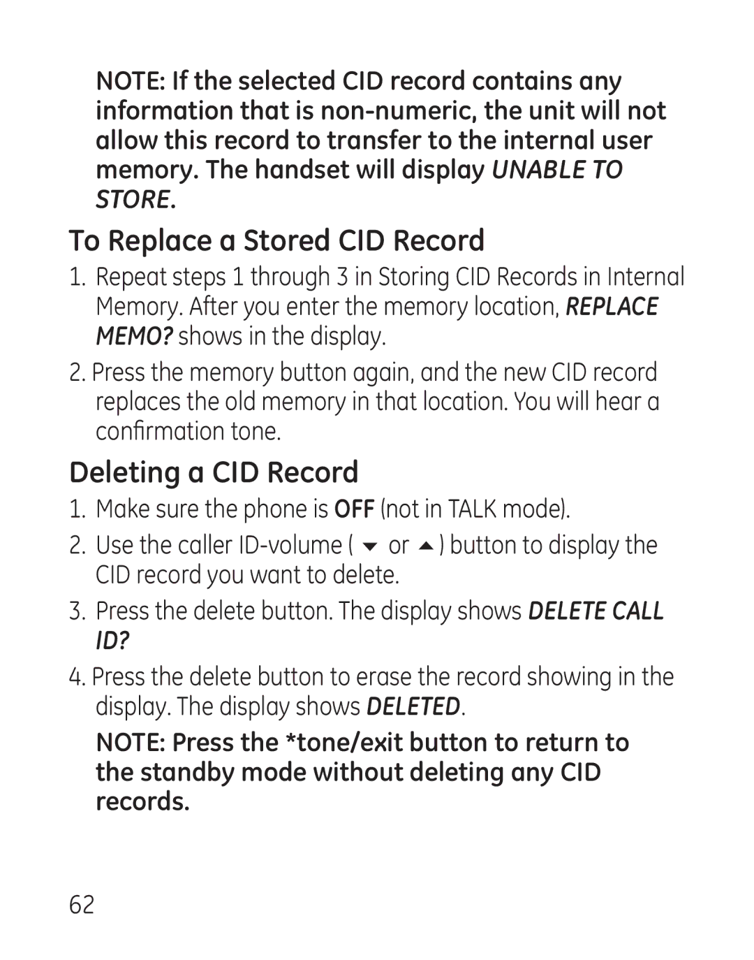 GE 29115 Series manual To Replace a Stored CID Record, Deleting a CID Record 