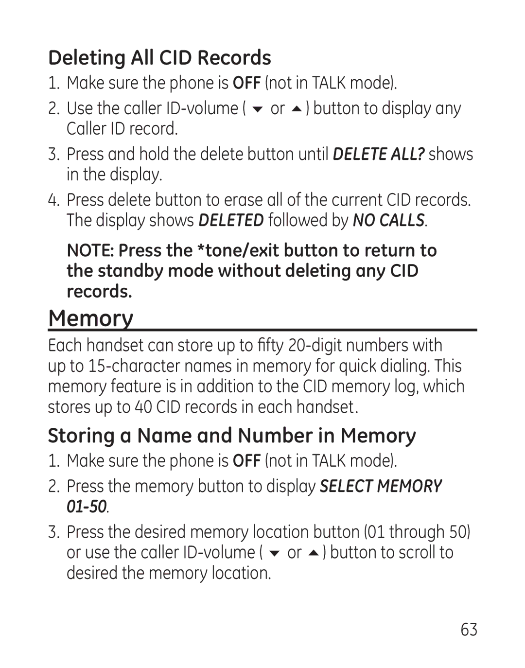 GE 29115 Series manual Deleting All CID Records, Storing a Name and Number in Memory 