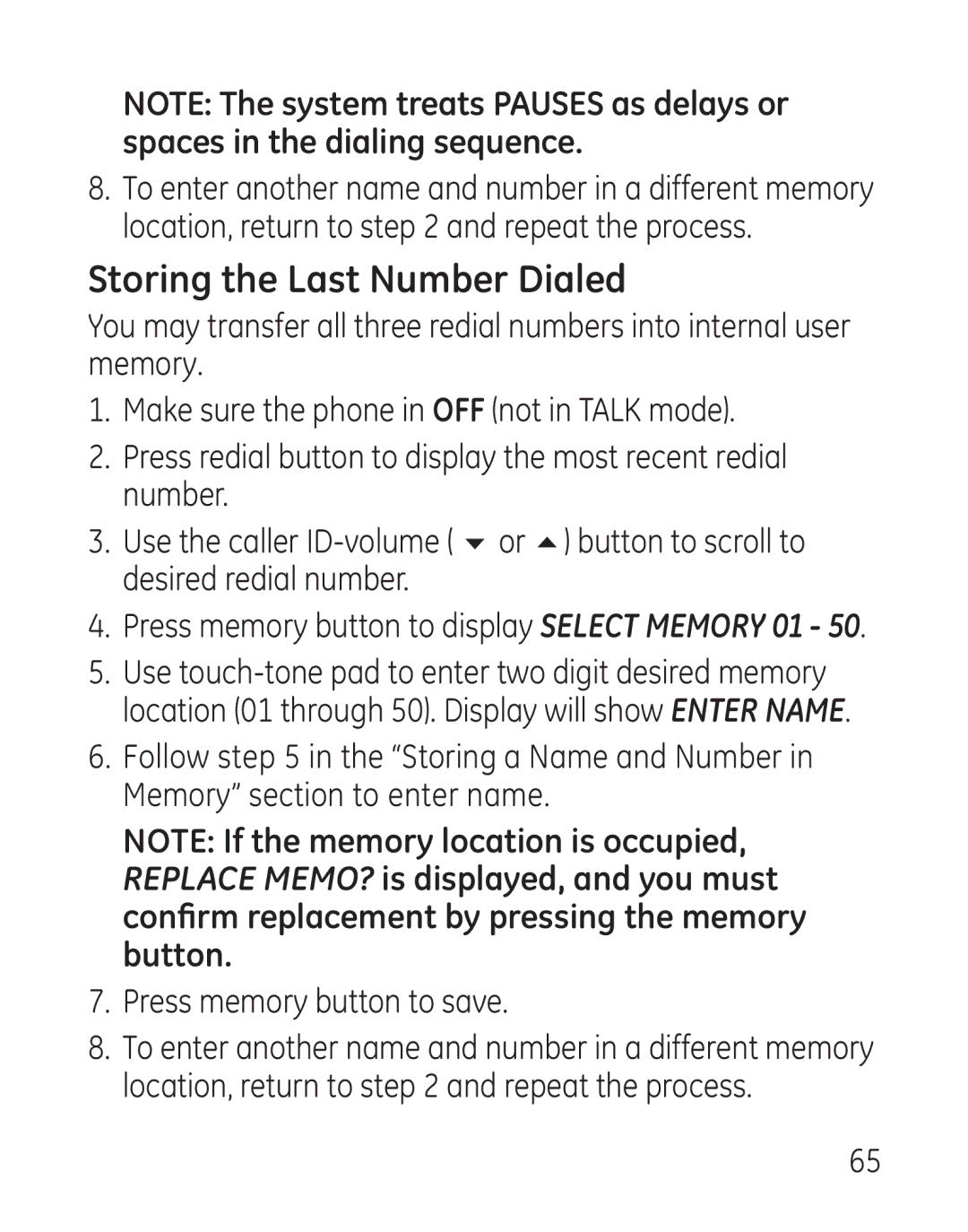 GE 29115 Series manual Storing the Last Number Dialed, Press memory button to display Select Memory 01 