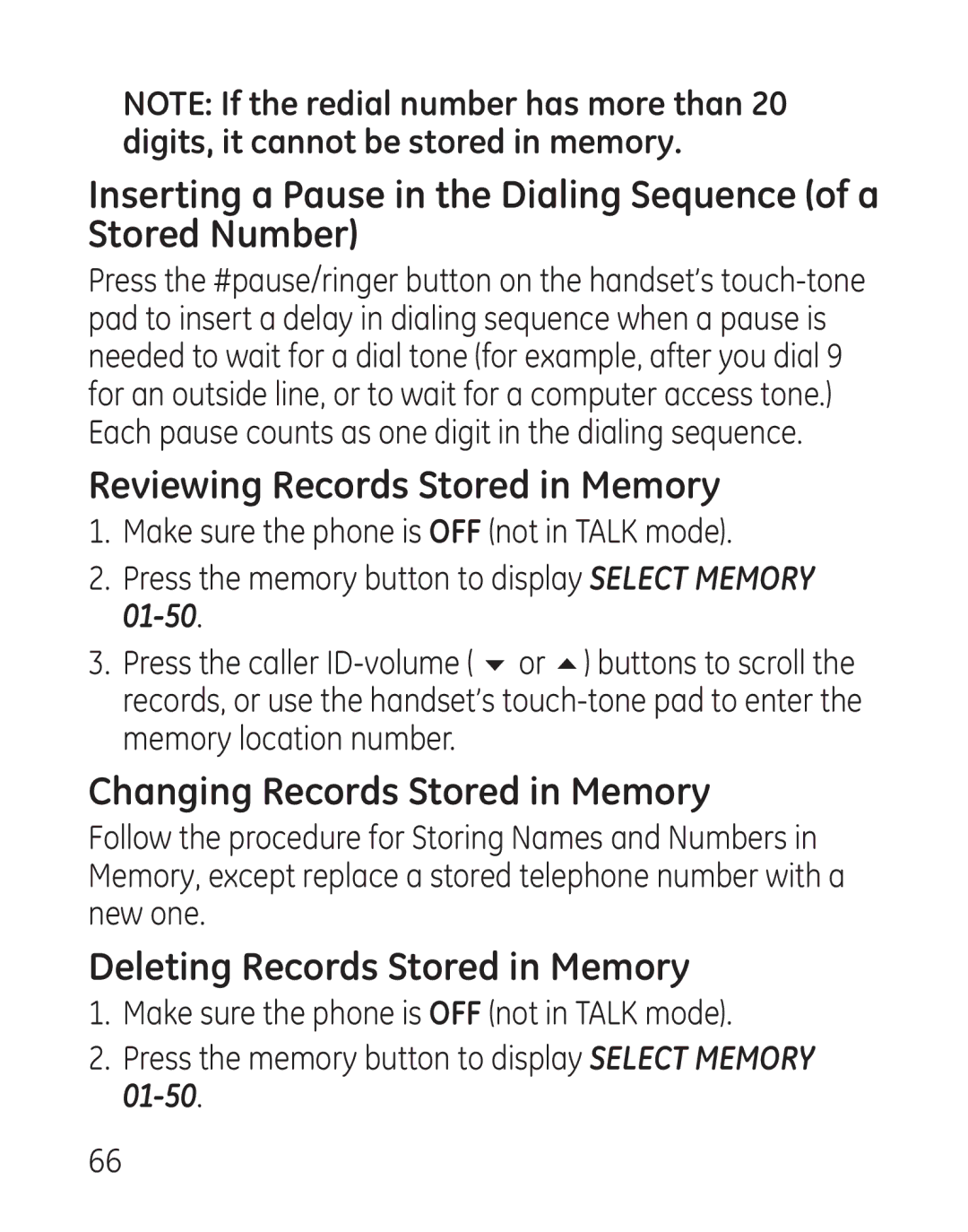 GE 29115 Series Reviewing Records Stored in Memory, Changing Records Stored in Memory, Deleting Records Stored in Memory 