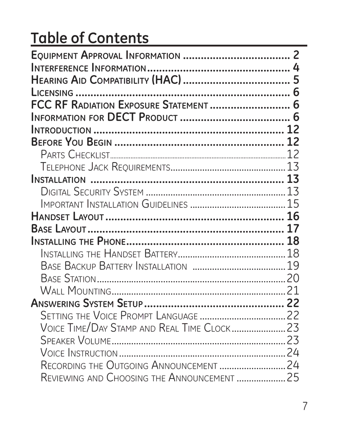 GE 29115 Series manual Table of Contents 