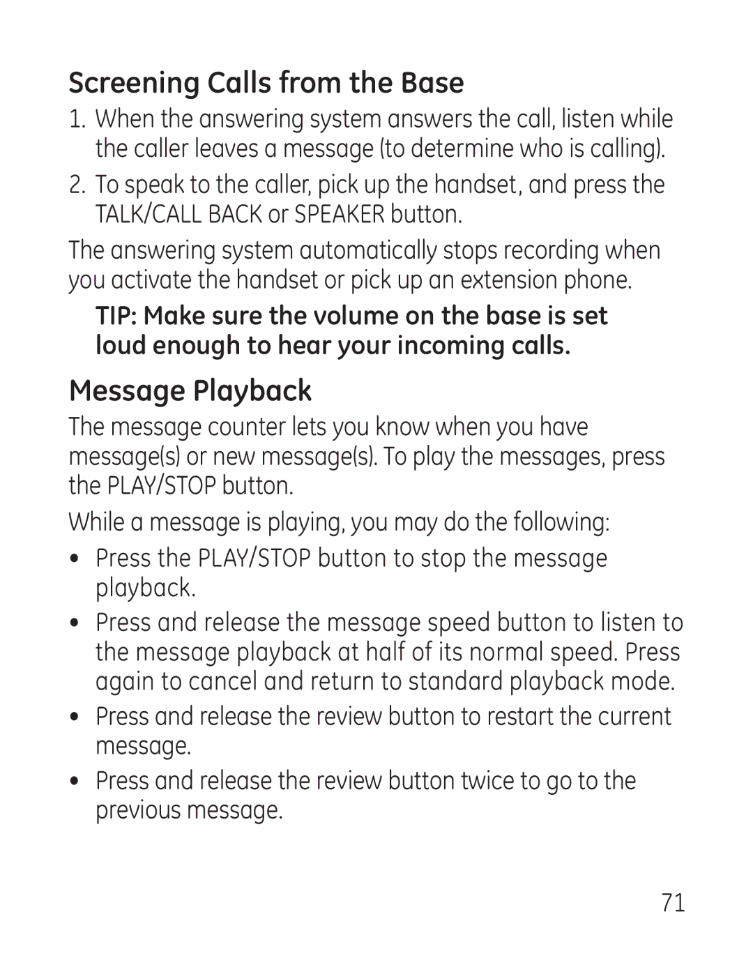 GE 29115 Series manual Screening Calls from the Base, Message Playback 