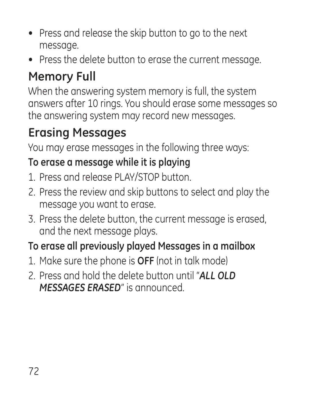 GE 29115 Series manual Memory Full, Erasing Messages, To erase a message while it is playing 