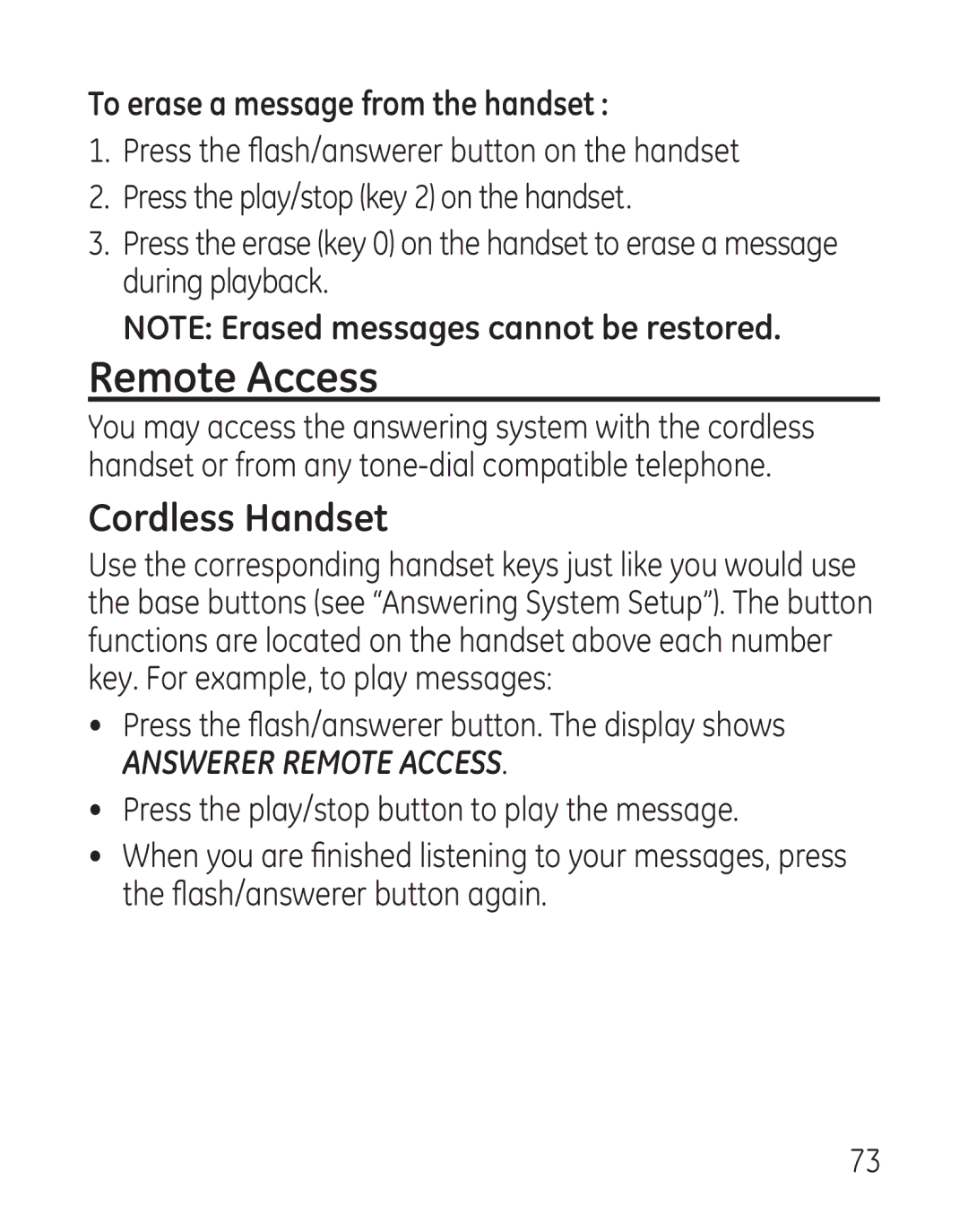 GE 29115 Series manual Remote Access, Cordless Handset, To erase a message from the handset 