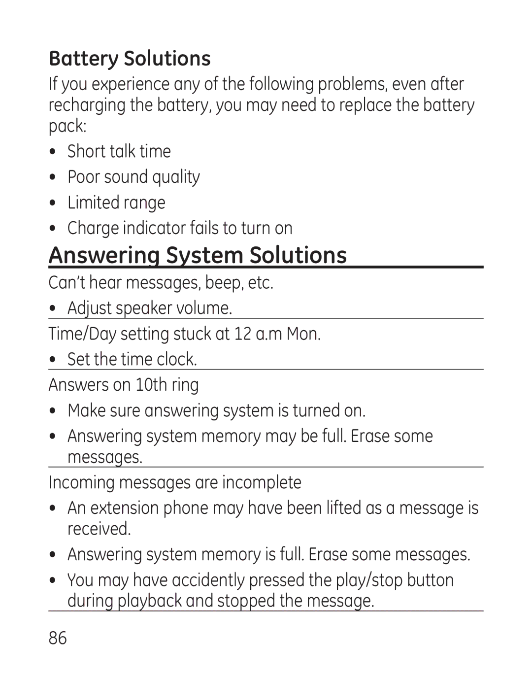 GE 29115 Series manual Answering System Solutions, Battery Solutions 