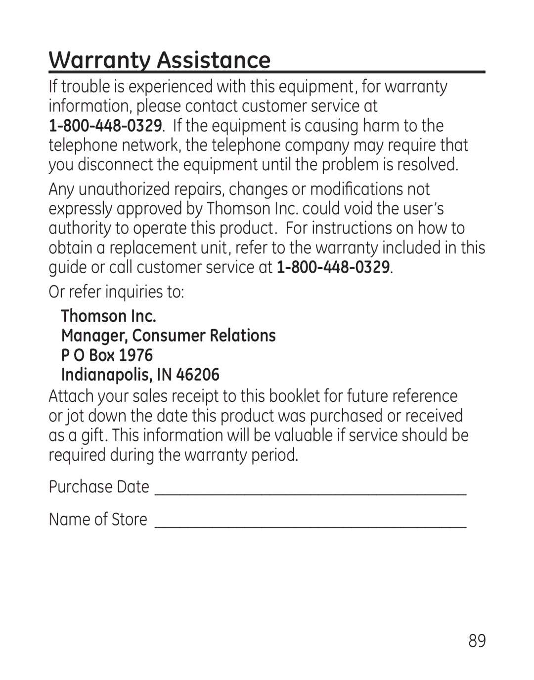 GE 29115 Series manual Warranty Assistance, Thomson Inc Manager, Consumer Relations Box Indianapolis 