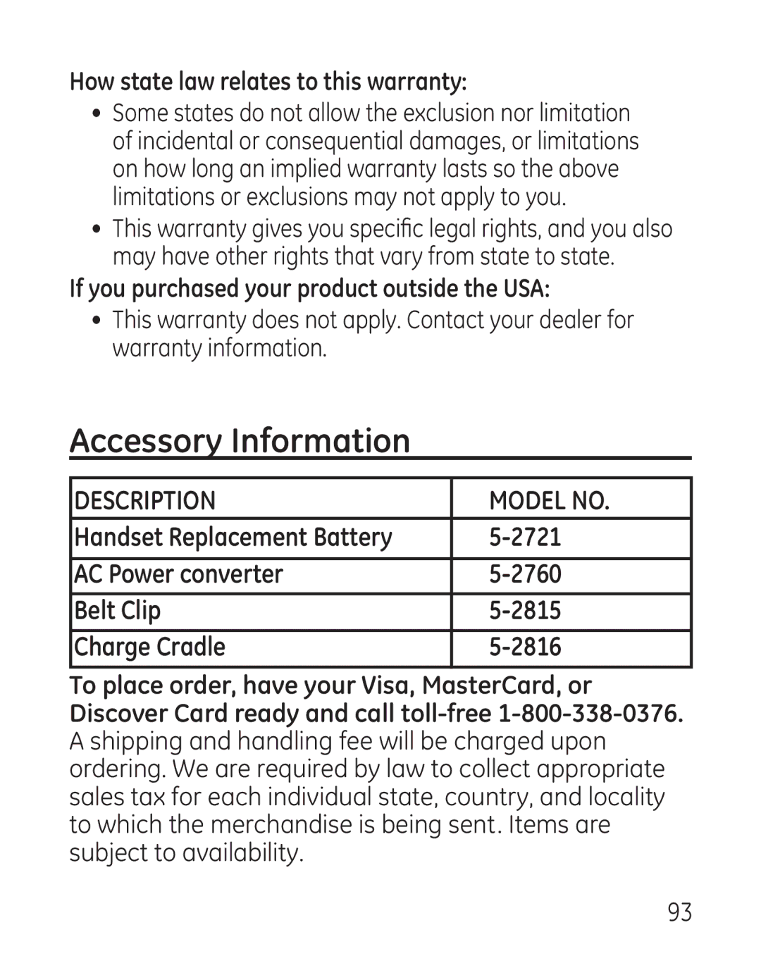 GE 29115 Series manual Accessory Information, 2721, AC Power converter 2760 Belt Clip 2815 Charge Cradle 2816 