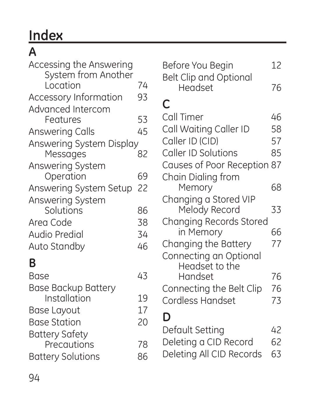 GE 29115 Series manual Index 