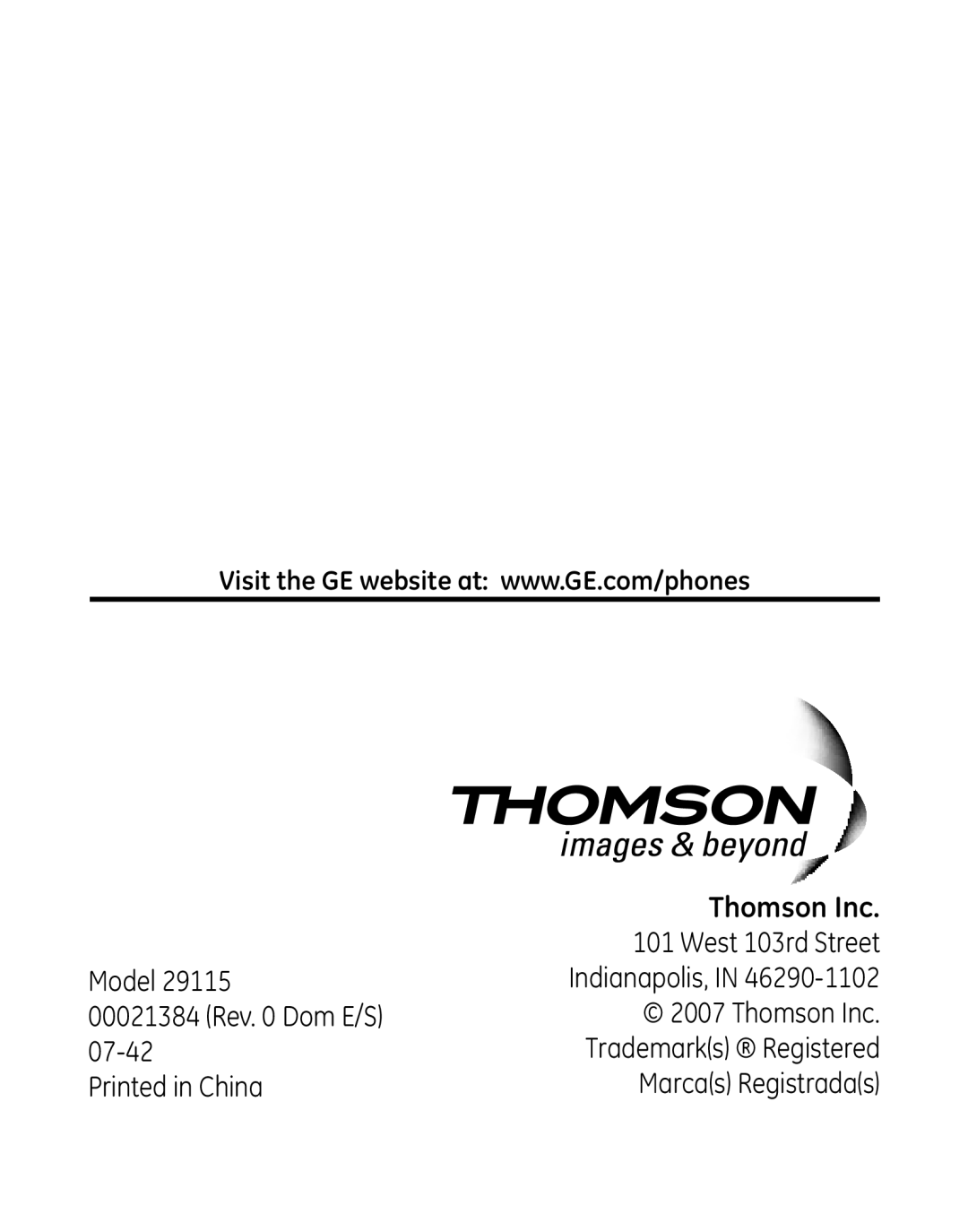 GE 29115 Series manual Thomson Inc 