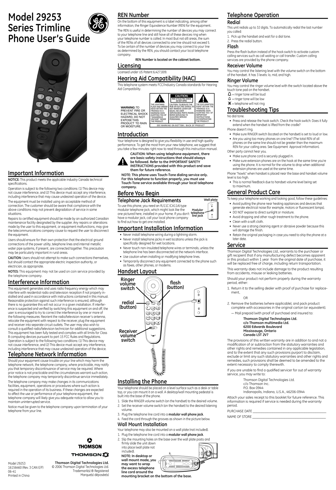 GE 29253 technical specifications Model Series Trimline Phone User’s Guide 