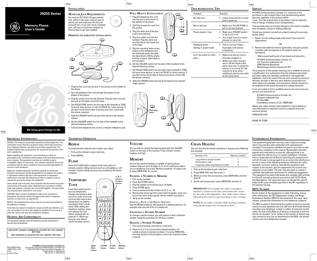 GE 29255 Series warranty Redial, Flash, Volume, Memory, Chain Dialing, Temporary Tone 