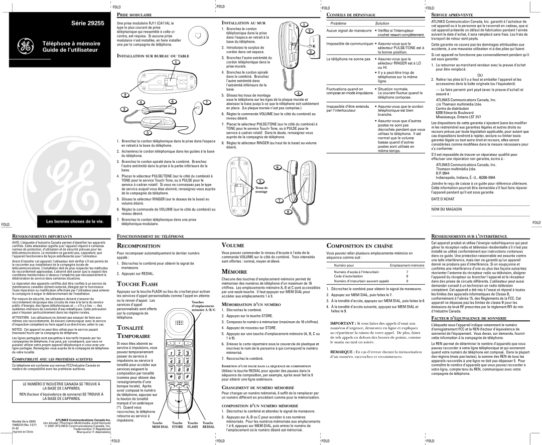 GE 29255 Series warranty Recomposition, Touche Flash, Tonalité Temporaire, Mémoire, Composition EN Chaîne 