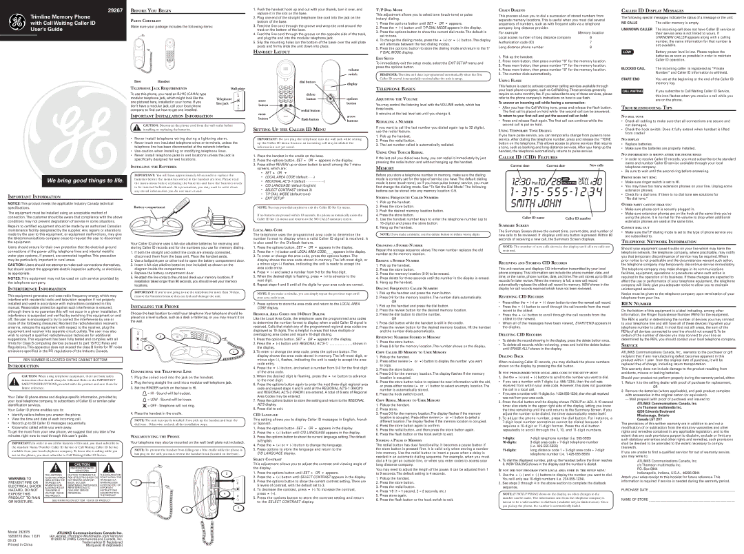 GE 29267 technical specifications Before YOU Begin, Handset Layout, Caller ID Display Messages, Telephone Basics, Memory 