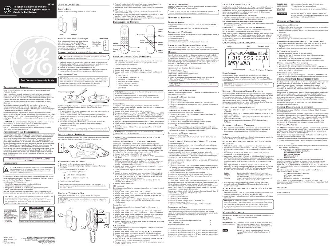 GE 29267 Avant DE Commencer, Renseignements Importants, Information Importante SUR Lõinstallation, Memoire 