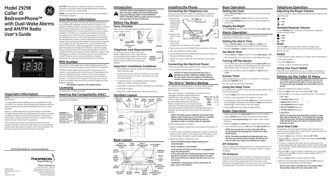 GE 29298 user service Important Information Interference Information, REN Number, Licensing, Hearing Aid Compatibility HAC 