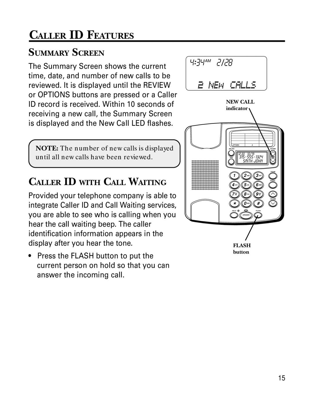 GE 29391 manual Caller ID Features, Summary Screen, Caller ID with Call Waiting, NEW Call indicator, Flash button 