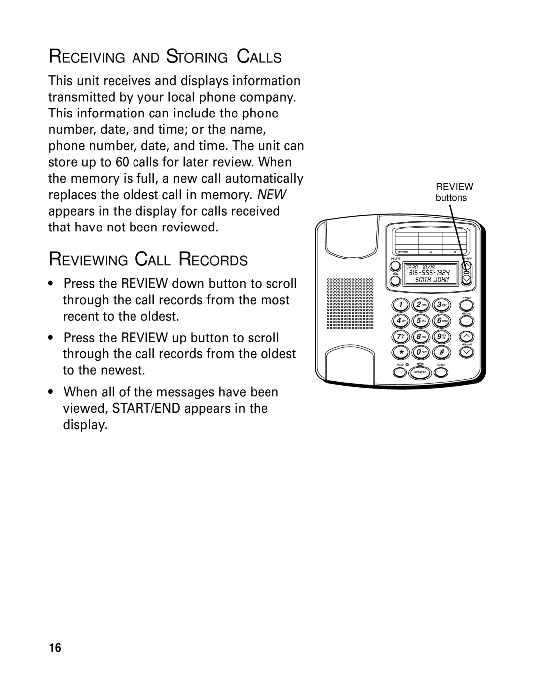 GE 29391 manual Receiving and Storing Calls, Reviewing Call Records 