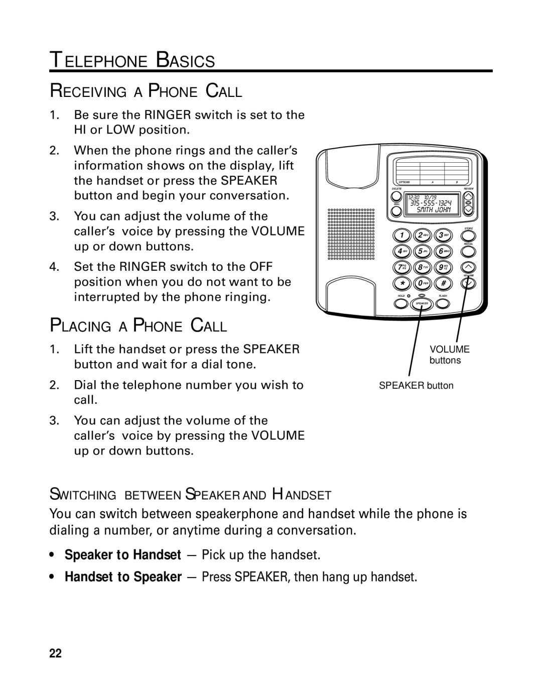 GE 29391 manual Telephone Basics, Receiving a Phone Call, Placing a Phone Call, Volume buttons Speaker button 