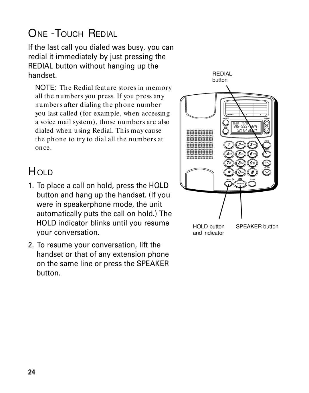 GE 29391 manual ONE -TOUCH Redial, Hold button Speaker button and indicator 