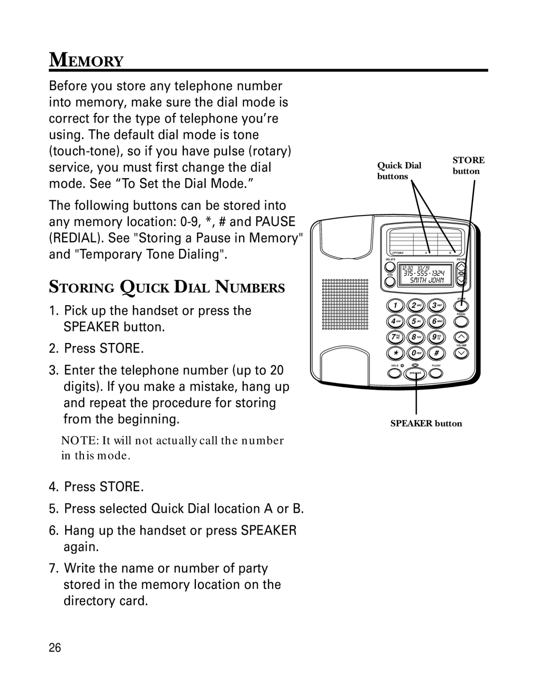 GE 29391 manual Memory, Storing Quick Dial Numbers, Buttons 