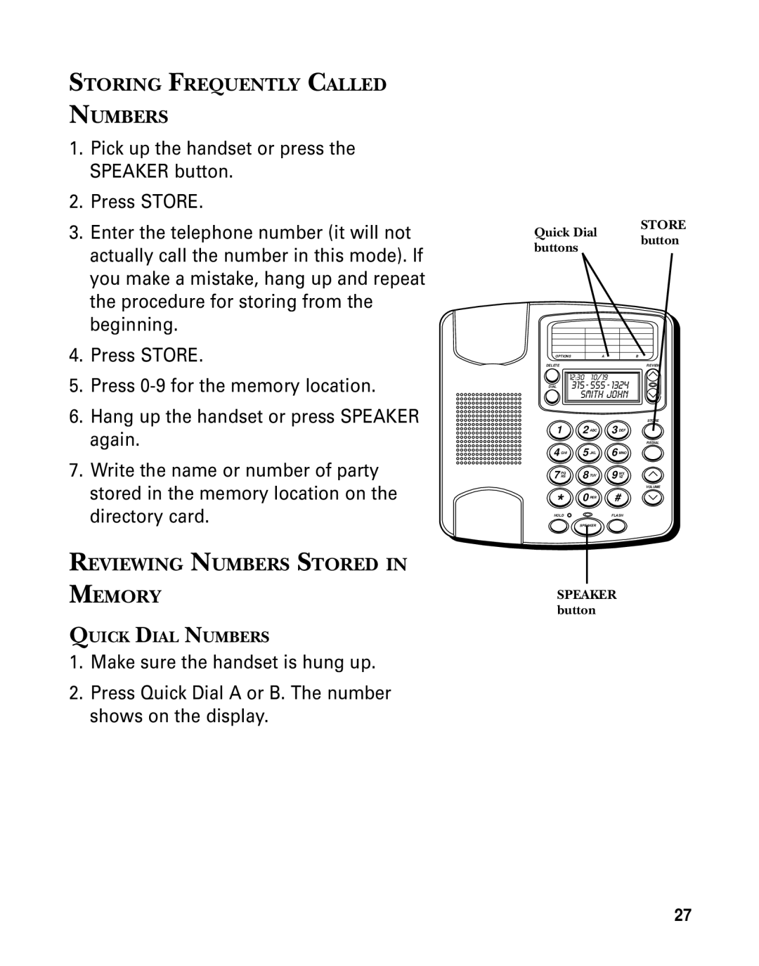 GE 29391 manual Storing Frequently Called Numbers, Reviewing Numbers Stored Memory 