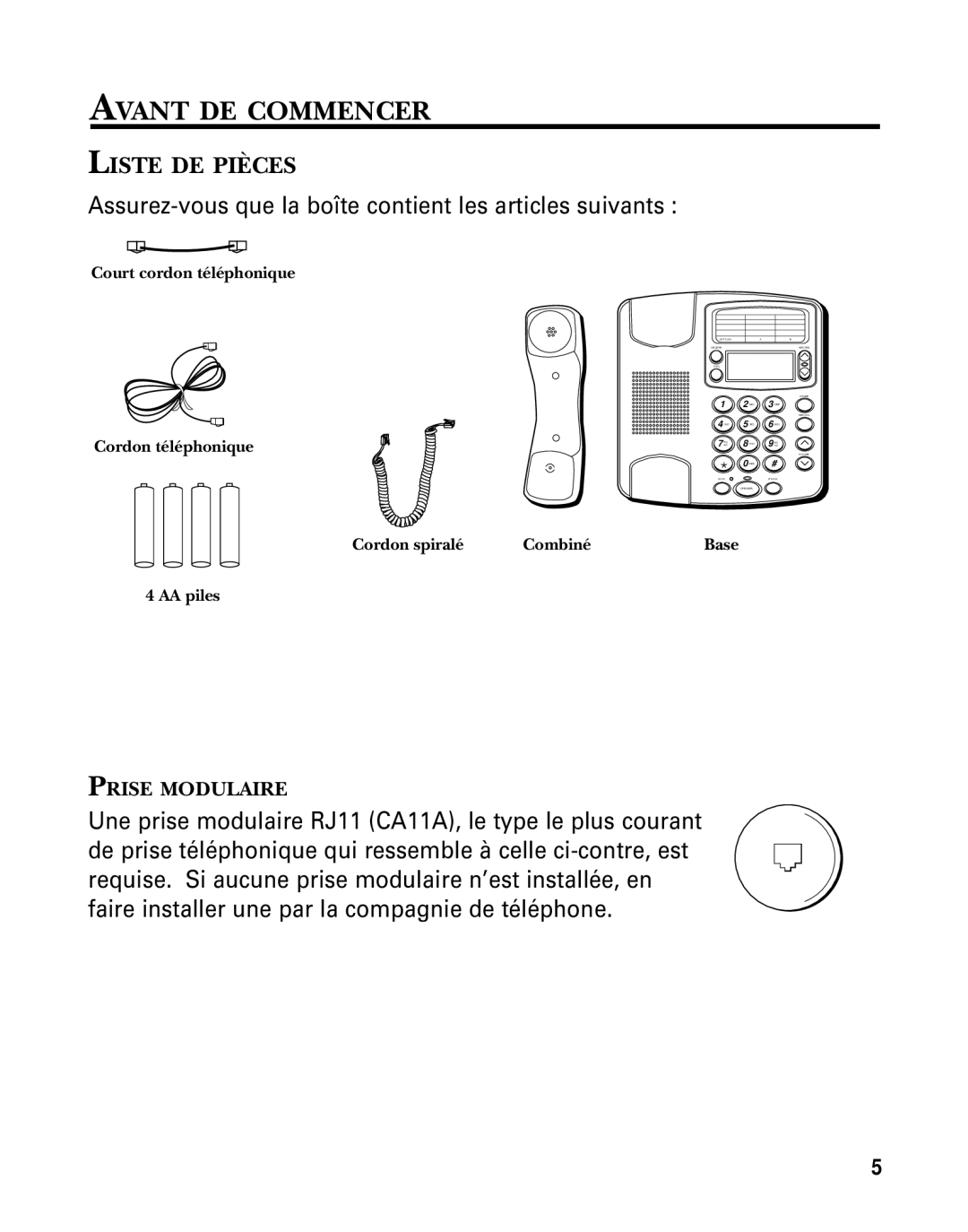 GE 29391 manual Avant DE Commencer, Liste DE Pièces, Court cordon téléphonique Cordon téléphonique, Cordon spiralé Combiné 