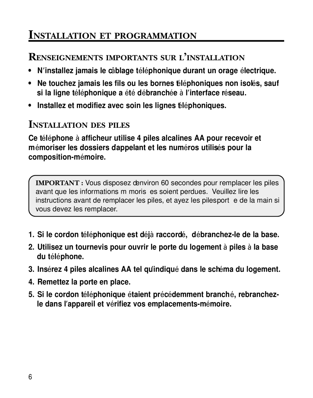 GE 29391 manual Installation ET Programmation, Renseignements Importants SUR L’INSTALLATION, Installation DES Piles 