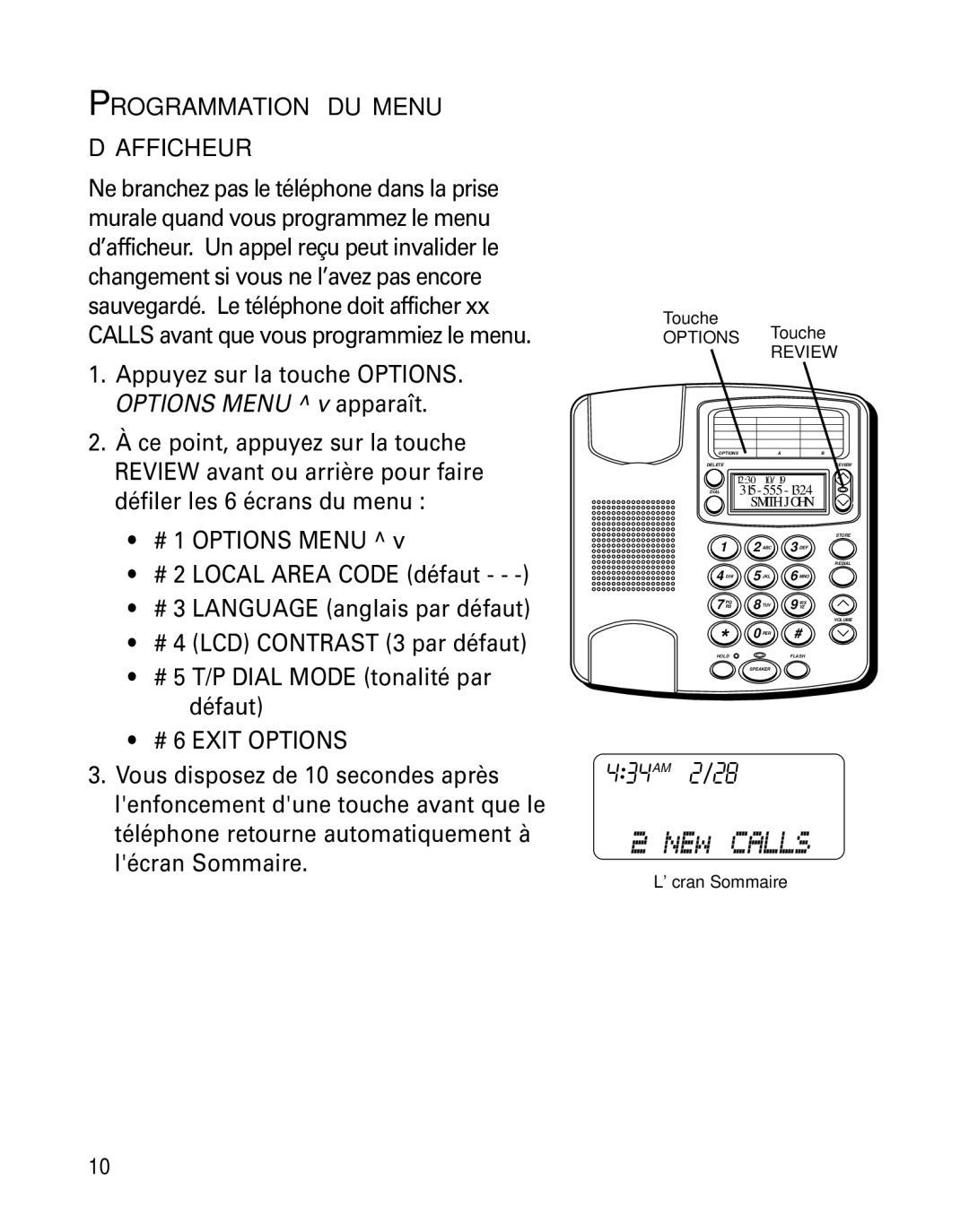 GE 29391 manual Programmation DU Menu ’AFFICHEUR, Touche Options Touche, Lécran Sommaire 