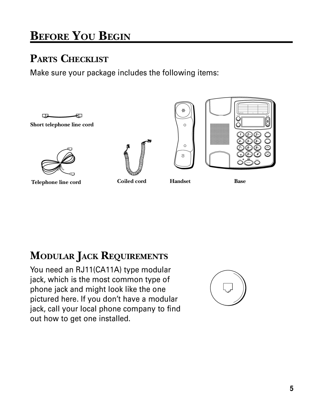 GE 29391 manual Before YOU Begin, Parts Checklist, Modular Jack Requirements, Short telephone line cord 