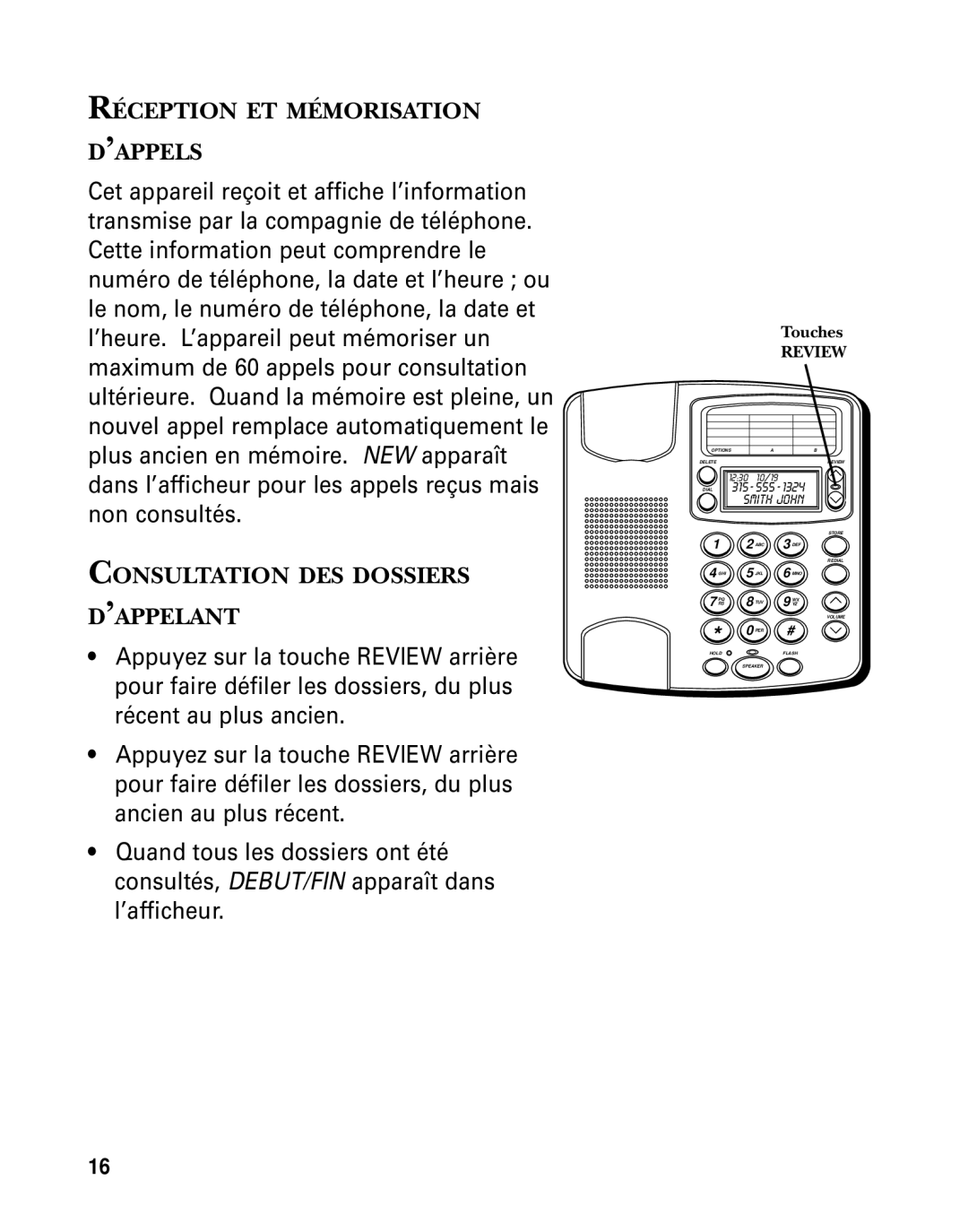 GE 29391 manual Réception ET Mémorisation ’APPELS, Consultation DES Dossiers ’APPELANT 