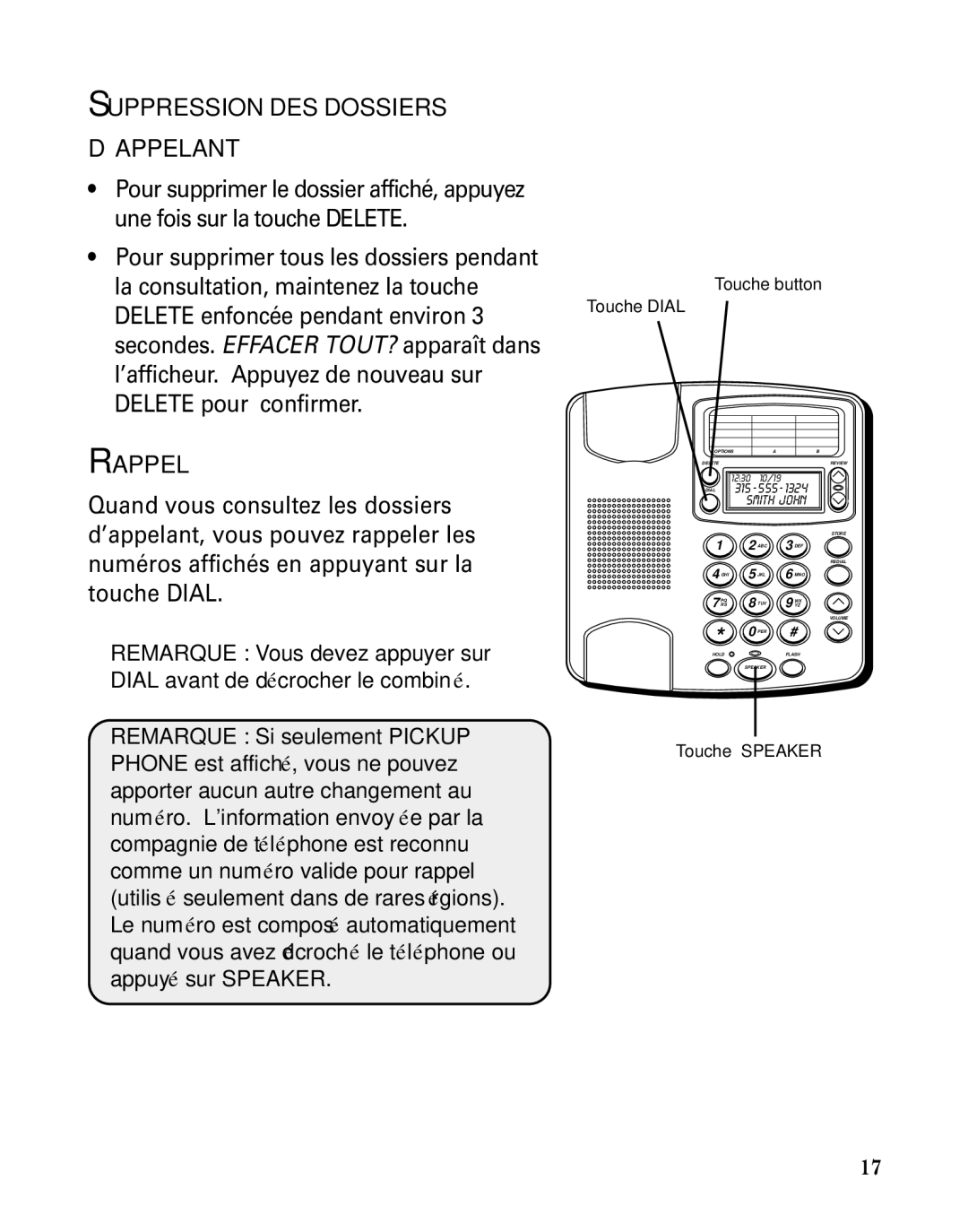 GE 29391 manual Suppression DES Dossiers ’APPELANT, Rappel, Touche button Touche Dial, Touche Speaker 