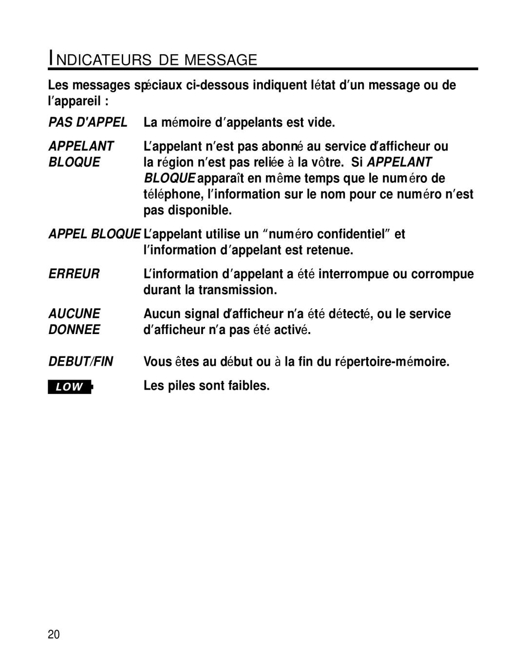 GE 29391 manual Indicateurs DE Message 