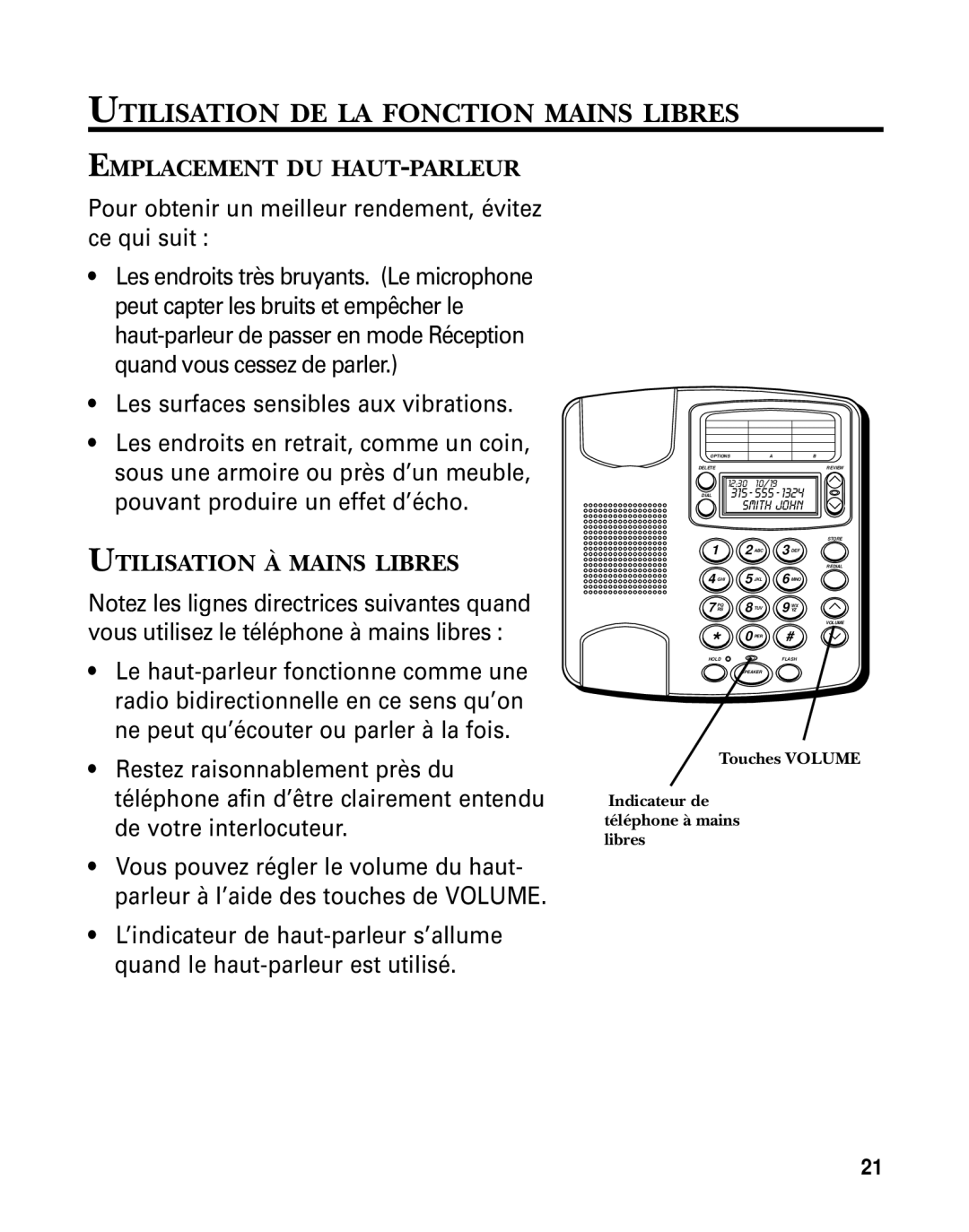 GE 29391 manual Utilisation DE LA Fonction Mains Libres, Emplacement DU HAUT-PARLEUR, Utilisation À Mains Libres 