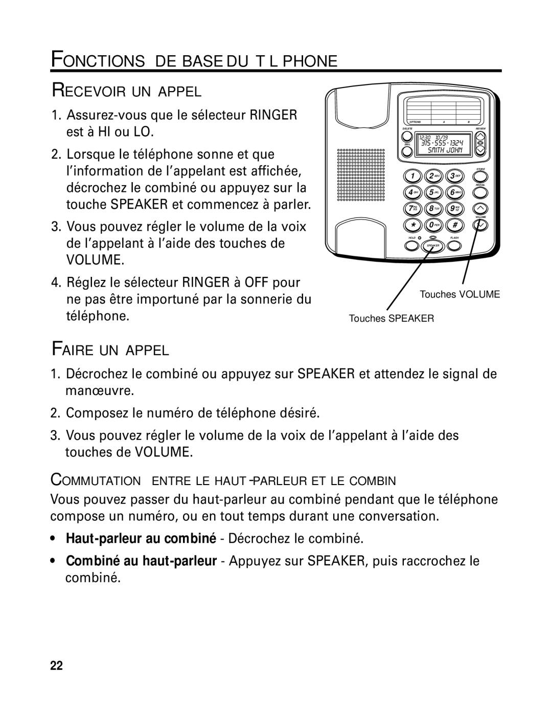 GE 29391 manual Fonctions DE Base DU Téléphone, Recevoir UN Appel, Faire UN Appel, Touches Volume Touches Speaker 